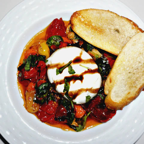 Slow Roasted Cherry Tomatoes and Creamy Burrata with Sourdough Crostini