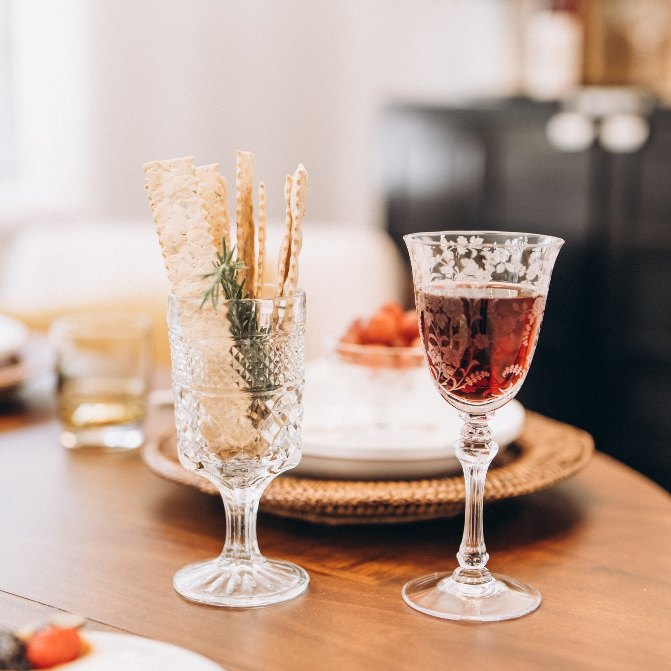 Red wine and rosemary crackers on a set table